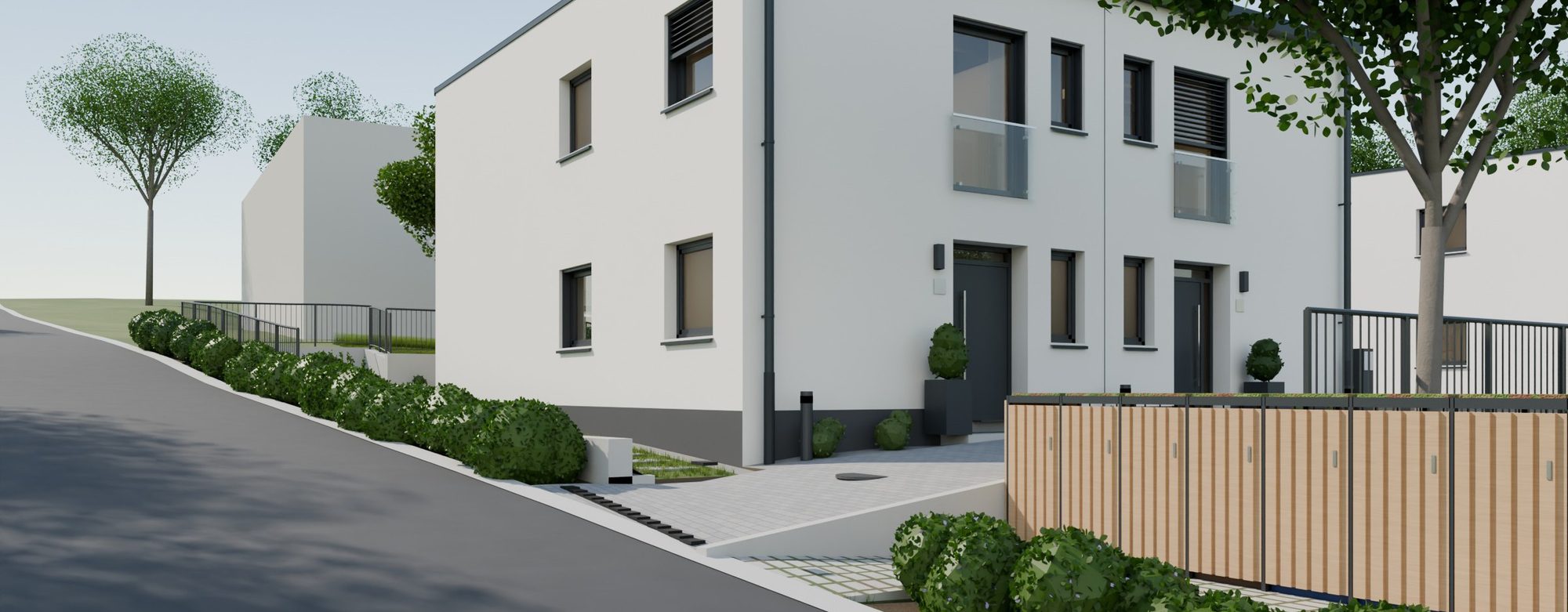 Außenvisualisierung der Eingangsseite: Doppelhaus mit zwei Haustüren, gepflasterter Zufahrt und Hecke