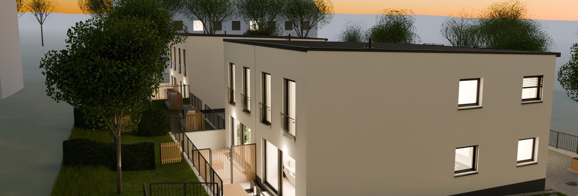 Abendliche Außenvisualisierung der Gartenseite mit Terrassen, Geländern, Hecken und beleuchteten Fenstern