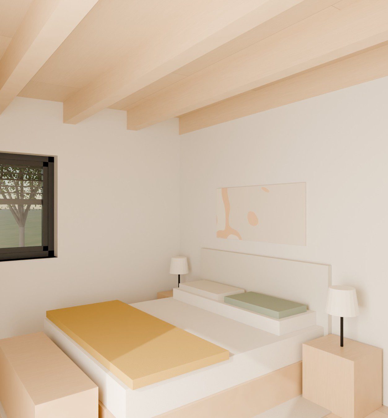 Innenvisualisierung: Elternschlafzimmer im Obergeschoss mit sichtbarem Holzdachstuhl und Fenster