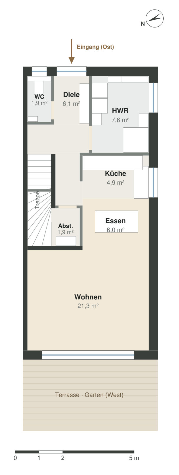 Grundriss Erdgeschoss einer Doppelhaushälfte in Metten (Haus A): Eingang von Osten, Diele, Gäste-WC, Hauswirtschaftsraum, Küche, Abstellraum, Essen und Wohnen mit Terrasse und Garten nach Westen
