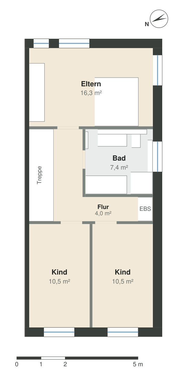 Grundriss Obergeschoss einer Doppelhaushälfte in Metten (Haus A): Elternschlafzimmer, Bad, Flur mit Einbauschrank und zwei Kinderzimmer