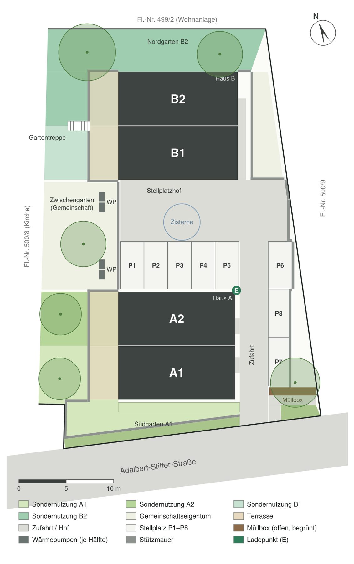 Lageplan der Doppelhaushälften in Metten: zwei Doppelhäuser (A1/A2, B1/B2) mit Stellplatzhof, acht Stellplätzen, Zufahrt von der Adalbert-Stifter-Straße und farbig markierten Garten-Sondernutzungsflächen