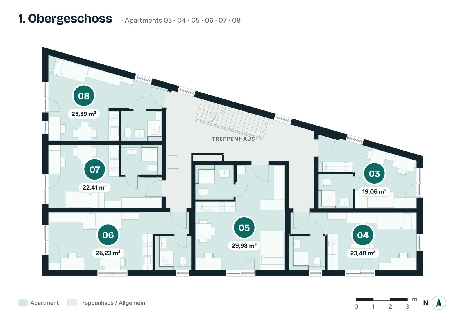 Etagenplan 1. Obergeschoss Starzenbachweg 16: sechs Apartments 03 bis 08 mit ca. 19,06 bis 29,98 m² rund um das Treppenhaus