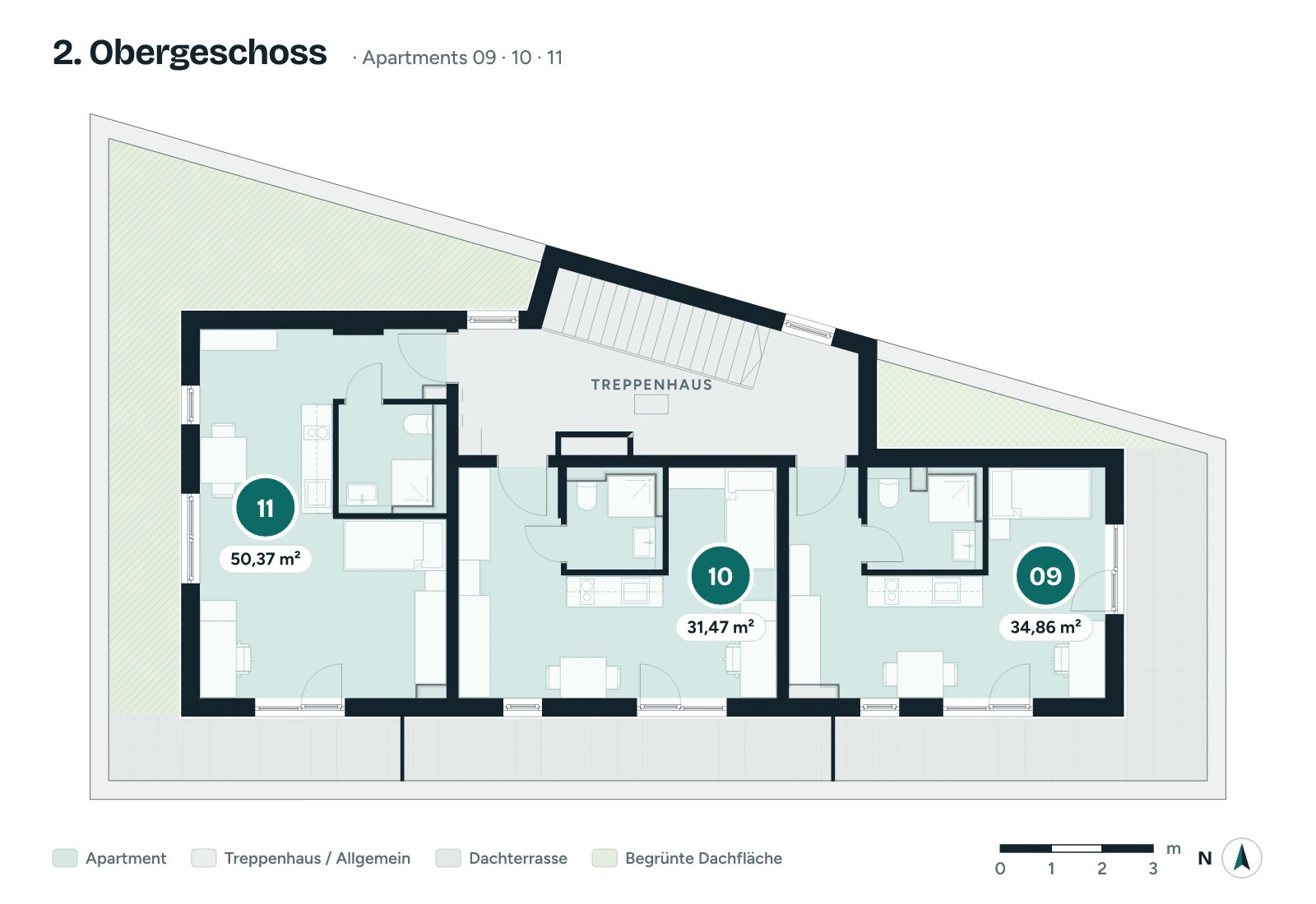 Etagenplan 2. Obergeschoss Starzenbachweg 16: Apartment 09 mit ca. 34,86 m², Apartment 10 mit ca. 31,47 m² und Wohnung 11 mit ca. 50,37 m²