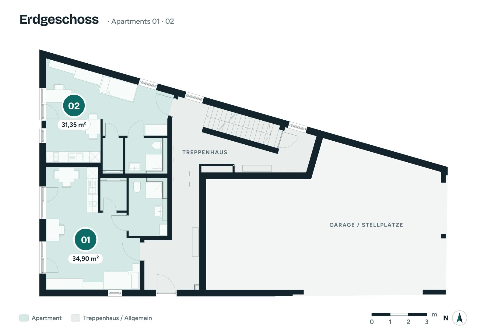 Etagenplan Erdgeschoss Starzenbachweg 16: Apartment 01 mit ca. 34,90 m² und Apartment 02 mit ca. 31,35 m², Treppenhaus sowie Garage mit Stellplätzen